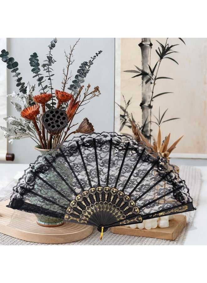 Black Lace Handheld Chinese Folding Fan for Women, Embroidered Flower Decorative Folding Fans for Wedding, Bridal Party, Church Decoration, Tea Dance, 1920s Costume - Image 4